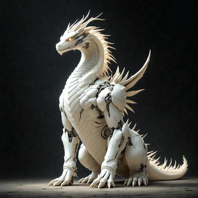 The primary subject of the image is a white dragon statue. The setting is a dark room, and the visual style is digital art. The dragon statue has a metallic appearance, and its colors give it a futuristic and robotic look. The overall atmosphere of the image is mysterious and intriguing.